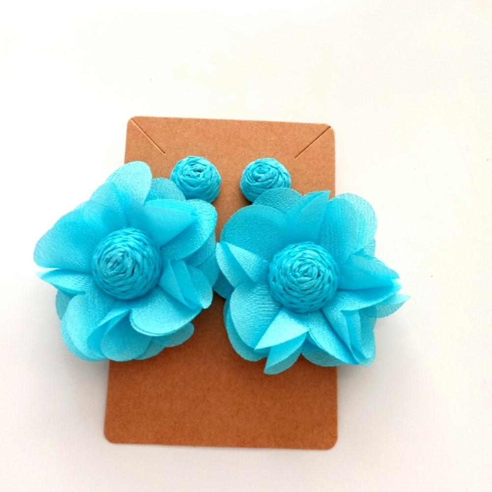 Blue Floral Statement Earrings with Textured Center